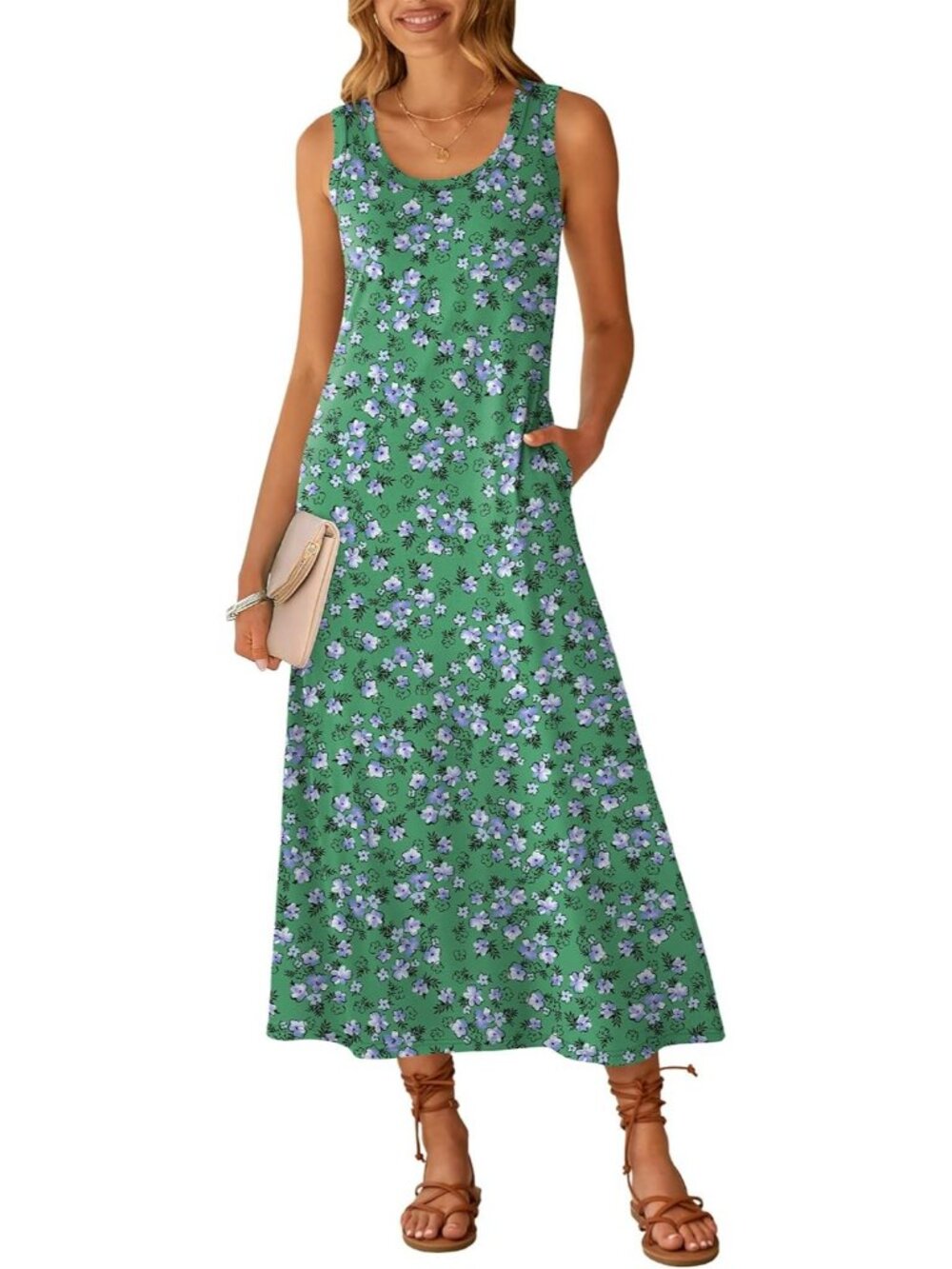 Women's Green Floral Scoop Neck Sleeveless Long Tank Maxi Dress Summer Sundress